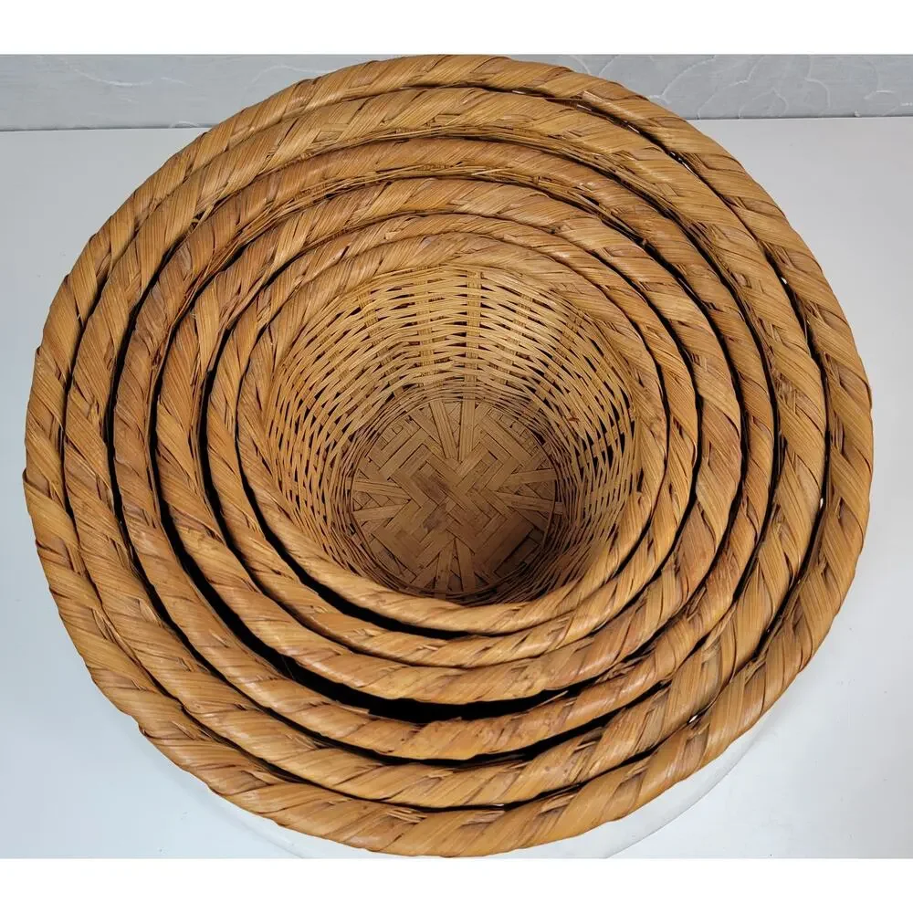 6 VTG Nesting Wicker Baskets Tan Brown Woven Chevron Boho Baskets Cottage Core